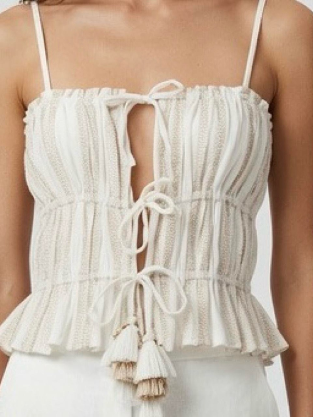 Woven Tassel Tie-Front Cream w/Gold Thread Cami Top, Size M.